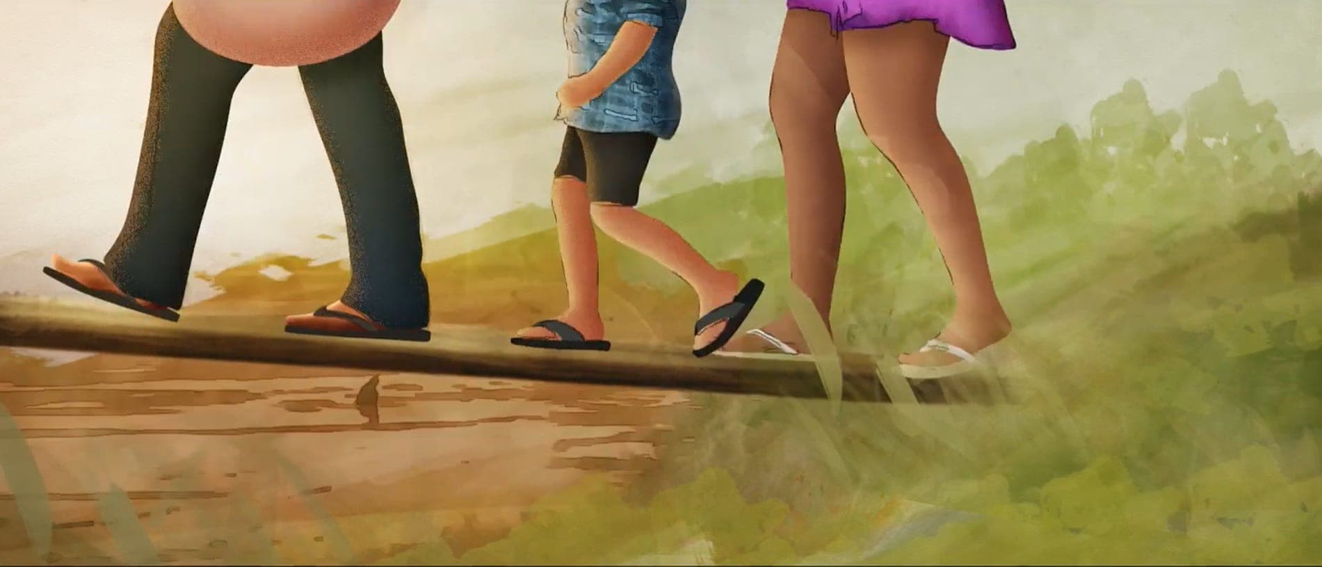 Ilustração: os pés de uma família andando sobre uma tábua.